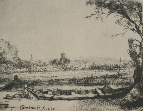 Main Product Photo of Landscape with a Canal and Large Boat Painting by Rembrandt Van Rijn