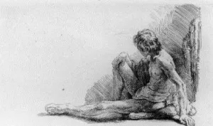 Nude Man Seated on the Ground with One Leg Extended by Rembrandt Van Rijn - Oil Painting Reproduction