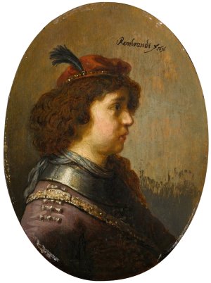Portrait of a young man in armour and a red feathered cap by Rembrandt Van Rijn Oil Painting