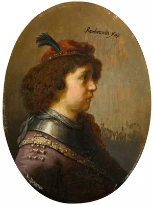 Portrait of a young man in armour and a red feathered cap by Rembrandt Van Rijn Oil Painting