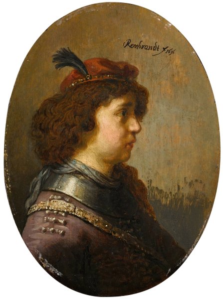 Portrait of a young man in armour and a red feathered cap  by Rembrandt Van Rijn - Hand-Painted Oil Painting Reproduction