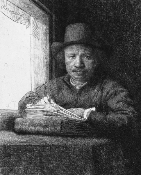 Rembrandt Drawing at a Window by Rembrandt Van Rijn - Hand-Painted Oil Painting Reproduction