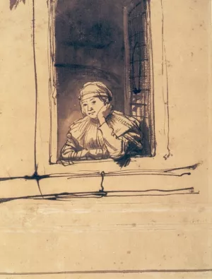 Saskia Looking Out of a Window by Rembrandt Van Rijn - Oil Painting Reproduction