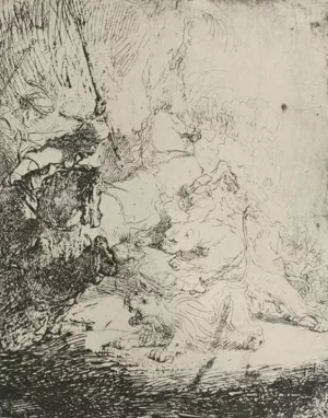 Small Lion Hunt with a Lioness by Rembrandt Van Rijn Oil Painting