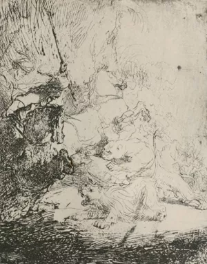 Small Lion Hunt with a Lioness Oil painting by Rembrandt Van Rijn