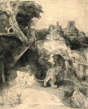 St. Jerome Reading in an Italian Landscape by Rembrandt Van Rijn Oil Painting