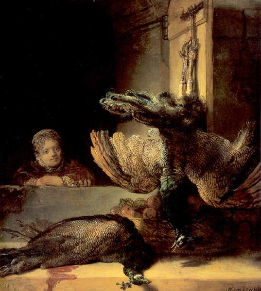Main Product Photo of Still Life with Two Peacocks and a Girl Painting by Rembrandt Van Rijn