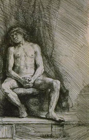 Study from the Nude Man Seated before a Curtain by Rembrandt Van Rijn - Oil Painting Reproduction