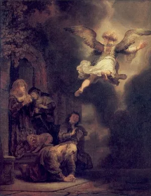 The Archangel Leaving the Family of Tobias painting by Rembrandt Van Rijn
