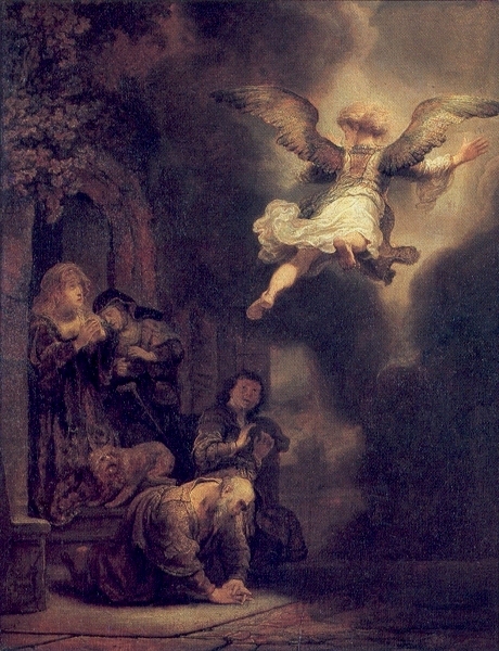 Main Product Photo of The Archangel Leaving the Family of Tobias Painting by Rembrandt Van Rijn