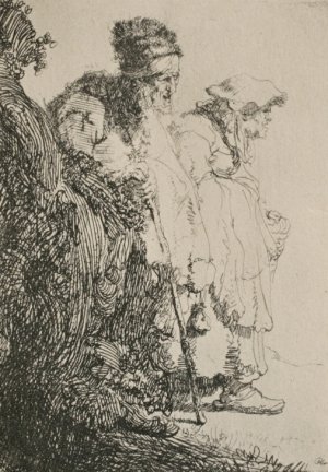 Two Beggars, a Man and a Woman, Coming from Behind a Bank by Rembrandt Van Rijn Oil Painting