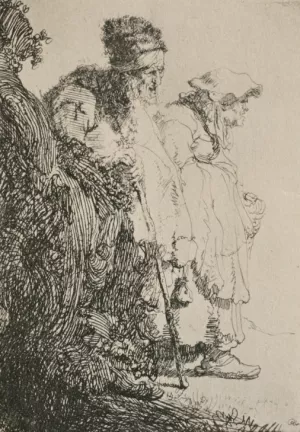 Two Beggars, a Man and a Woman, Coming from Behind a Bank painting by Rembrandt Van Rijn