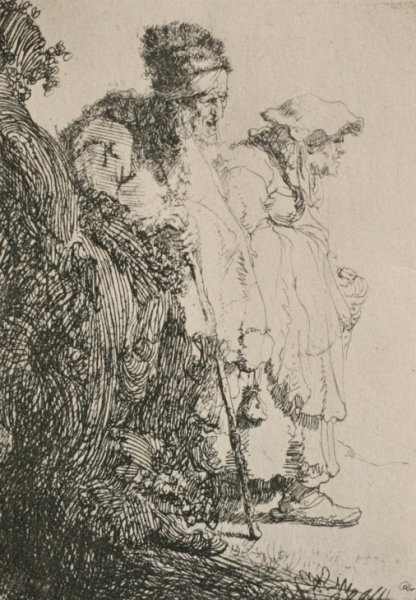 Two Beggars, a Man and a Woman, Coming from Behind a Bank