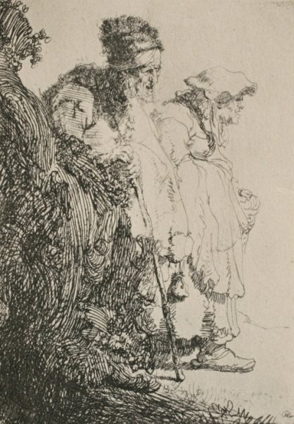Two Beggars, a Man and a Woman, Coming from Behind a Bank by Rembrandt Van Rijn - Hand-Painted Oil Painting Reproduction
