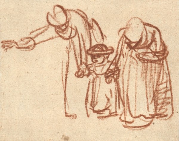 Main Product Photo of Two Women Teaching a Child to Walk Painting by Rembrandt Van Rijn