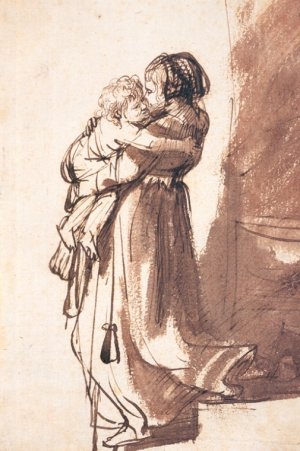 Woman and Child Descending a Staircase by Rembrandt Van Rijn Oil Painting