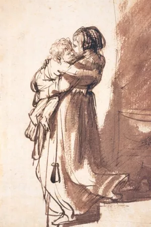 Woman and Child Descending a Staircase by Rembrandt Van Rijn - Oil Painting Reproduction