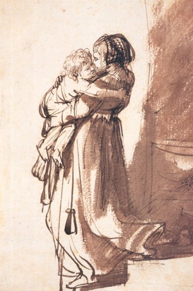 Main Product Photo of Woman and Child Descending a Staircase Painting by Rembrandt Van Rijn