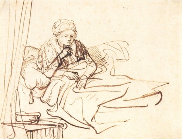 Woman Sitting Up in Bed by Rembrandt Van Rijn - Hand-Painted Oil Painting Reproduction