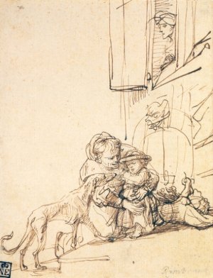 Woman with a Child Frightened by a Dog by Rembrandt Van Rijn Oil Painting