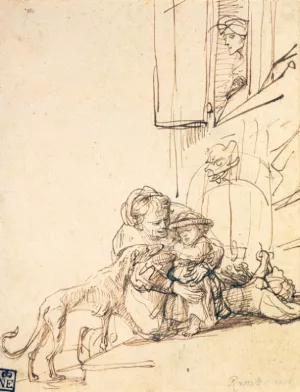 Woman with a Child Frightened by a Dog Oil painting by Rembrandt Van Rijn
