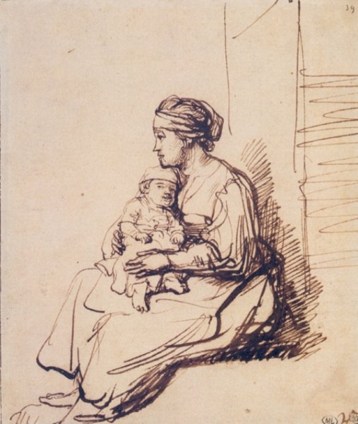 Main Product Photo of Woman with a Little Child on Her Lap Painting by Rembrandt Van Rijn