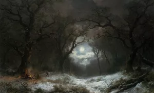 A Moonlit Winter Landscape by Remi Van Haanen - Oil Painting Reproduction