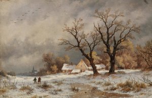 A Winter Landscape with Wood Collectors before a Small Village by Remigius Adrianus Van Haanen Oil Painting