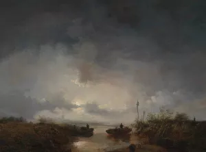 Fishermen in a moonlit night by Remigius Adrianus Van Haanen Oil Painting