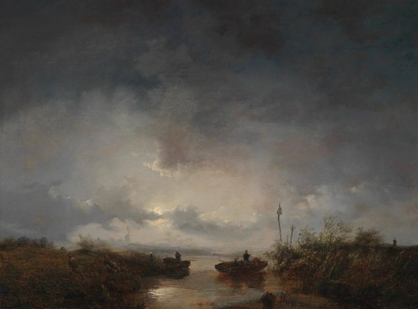 Main Product Photo of Fishermen in a moonlit night Painting by Remigius Adrianus Van Haanen