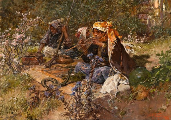 The Snake Charmer, Morocco  by Riccardo Pellegrini - Hand-Painted Oil Painting Reproduction