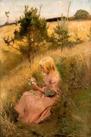 Girl Picking Flowers by Richard Bergh Oil Painting