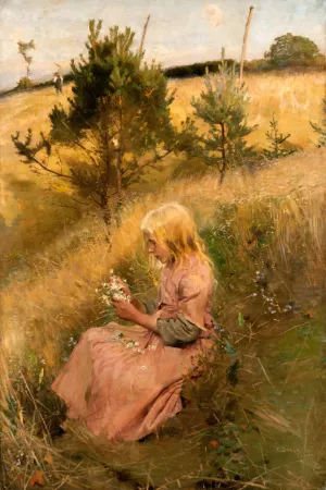 Girl Picking Flowers by Richard Bergh Oil Painting