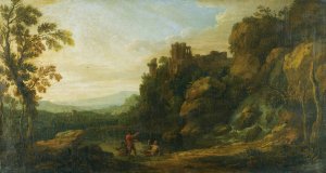 A Rocky Landscape With Three Fisherman By A Lake, A Ruined Castle On An Outcrop Beyond by Richard Carver Oil Painting