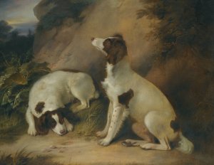 Two springer spaniels in a rocky landscape by Richard Livesay Oil Painting
