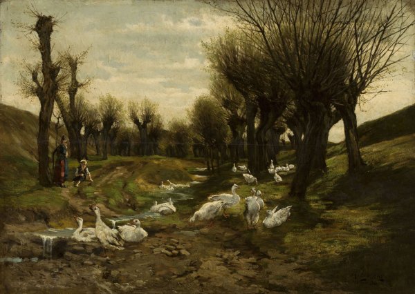 Geese alongside a creek  by Richard Lorenz - Hand-Painted Oil Painting Reproduction