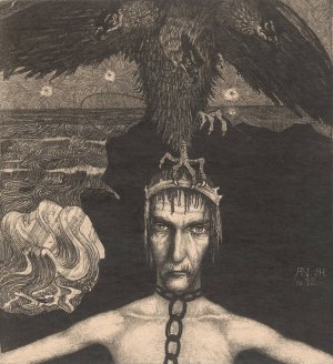 Geketende man met driekoppige roofvogel op het hoofd by Richard Nicolaus Roland Holst Oil Painting