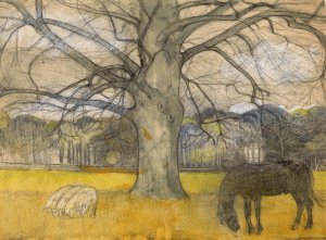 Kale beuk op een weide met schapen en een paard by Richard Nicolaus Roland Holst Oil Painting