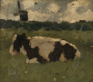 Resting Cow with a Mill by Richard Nicolaus Roland Holst Oil Painting