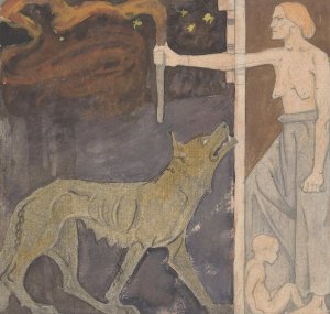 Vrouw met een fakkel, een kind en een wolf by Richard Nicolaus Roland Holst Oil Painting
