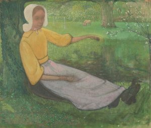 Woman of Huizen sitting under a Tree by Richard Nicolaus Roland Holst Oil Painting