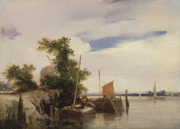 Barges on a River  by Richard Parkes Bonington - Hand-Painted Oil Painting Reproduction