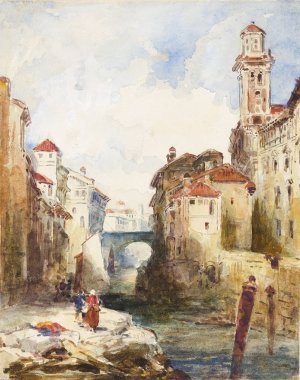 French Town, Buildings and River by Richard Parkes Bonington Oil Painting