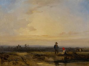 Landscape with sunset and figures before a pond by Richard Parkes Bonington Oil Painting
