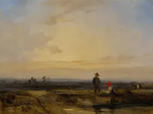 Landscape with sunset and figures before a pond by Richard Parkes Bonington Oil Painting