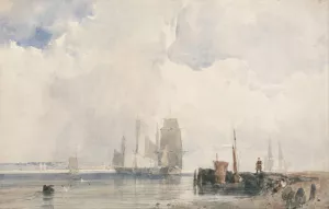 Shipping in an Estuary, Probably near Quilleboeuf by Richard Parkes Bonington Oil Painting