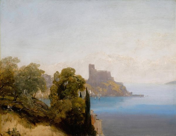 View of Lerici with Baron Charles Rivet sketching in the foreground by Richard Parkes Bonington - Hand-Painted Oil Painting Reproduction