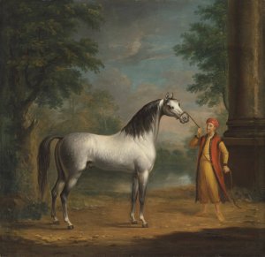 The Grey Arab stallion 'The Lister Turk', held by a Turkish groom in a landscape by Richard Roper Oil Painting