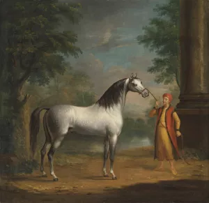 The Grey Arab stallion 'The Lister Turk', held by a Turkish groom in a landscape by Richard Roper Oil Painting