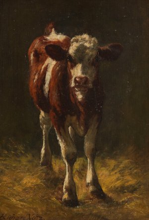 Kalbchen im Stall by Richard Voltz Oil Painting